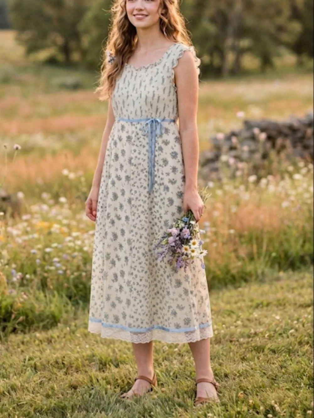Vintage Canlemon Floral Midi Dress Cottagecore Lace Trim Blue White  - Size L